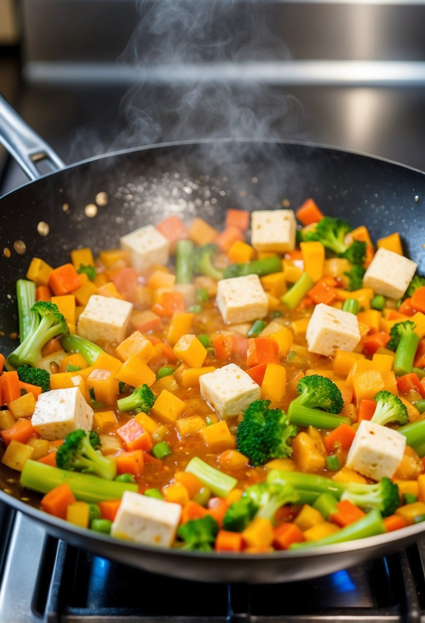 A sizzling wok filled with colorful diced vegetables and cubes of tofu cooking in a fragrant stir-fry sauce