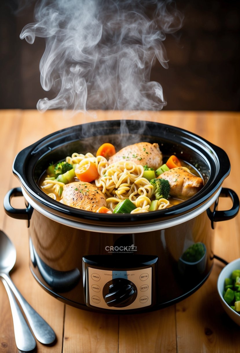 A steaming crockpot filled with chicken, vegetables, and noodles, emitting a comforting aroma