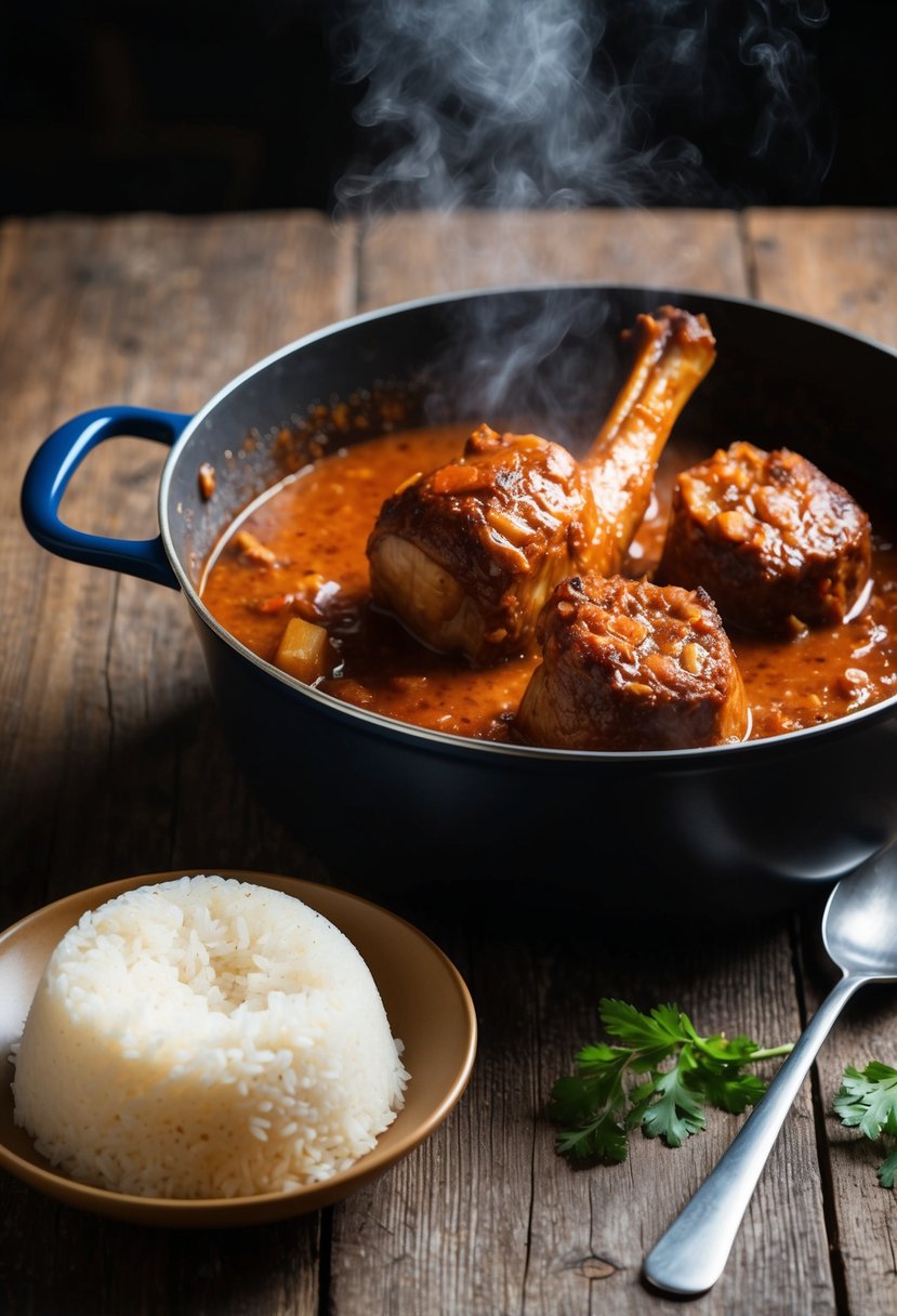 A steaming pot of jerk oxtail simmering in a rich, savory sauce next to a mound of fluffy coconut rice on a rustic wooden table