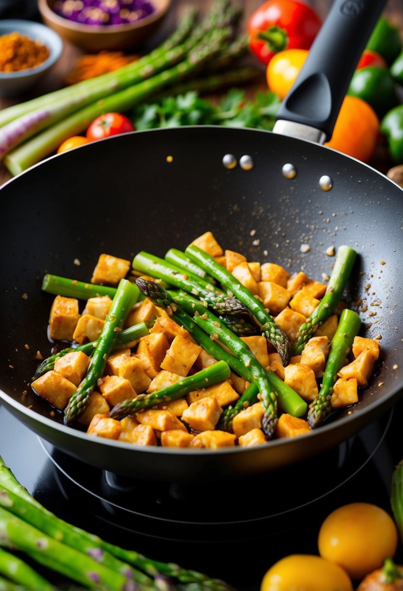 Fresh asparagus and diced chicken sizzling in a hot wok, surrounded by colorful vegetables and aromatic spices