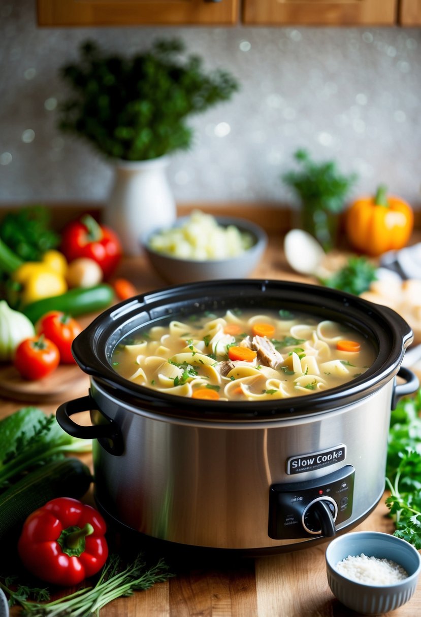 A cozy kitchen with a bubbling slow cooker filled with hearty chicken noodle soup, surrounded by fresh vegetables and herbs