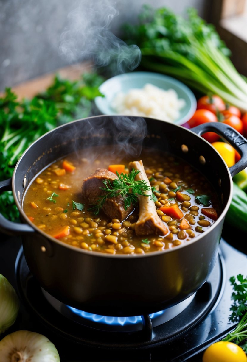 A steaming pot of oxtail and lentil soup simmers on a rustic stove, surrounded by fresh vegetables and herbs