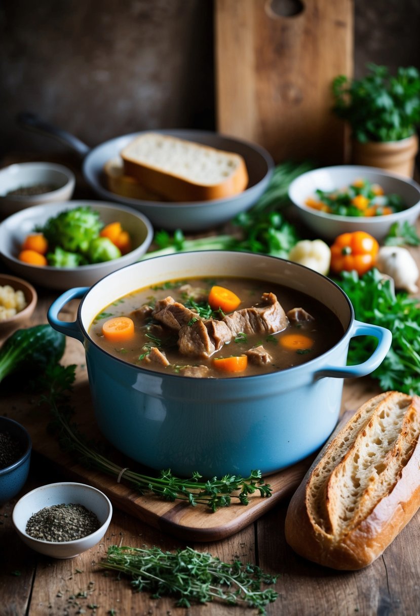 A rustic kitchen with a simmering pot of oxtail soup, surrounded by fresh vegetables, herbs, and a loaf of crusty bread