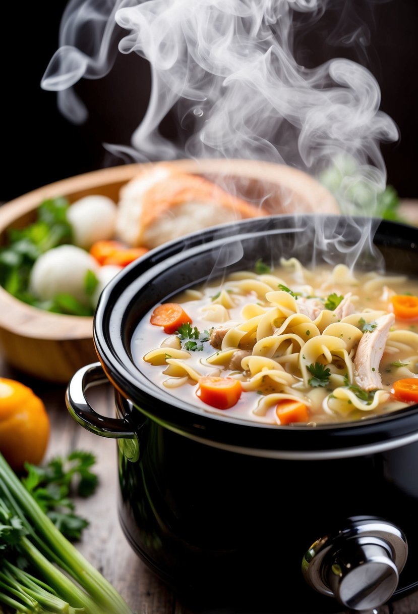 A bubbling crockpot filled with homemade chicken noodle soup, steam rising from the savory broth, surrounded by fresh vegetables and tender chunks of chicken