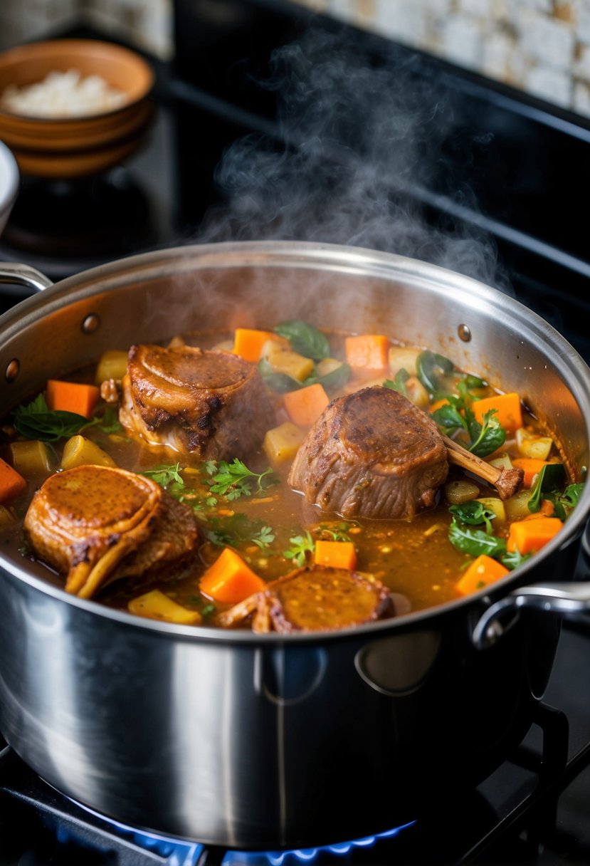 A large pot simmering on a stovetop, filled with oxtails, vegetables, and aromatic spices, emitting a rich and savory aroma