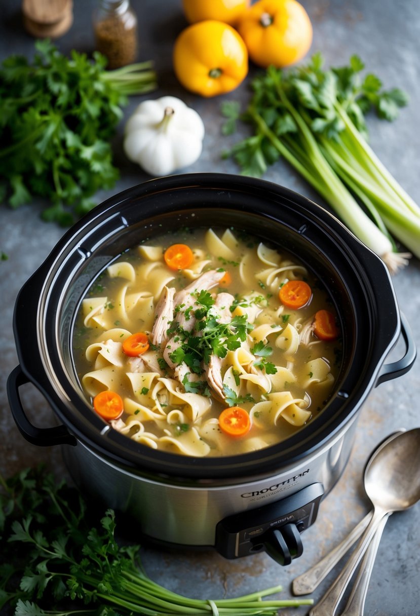 A bubbling crockpot filled with hearty chicken noodle soup, surrounded by fresh vegetables and herbs on a rustic kitchen counter