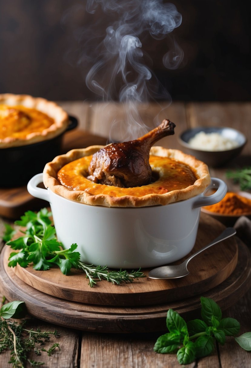 A steaming oxtail pot pie sits on a rustic wooden table, surrounded by fresh herbs and spices