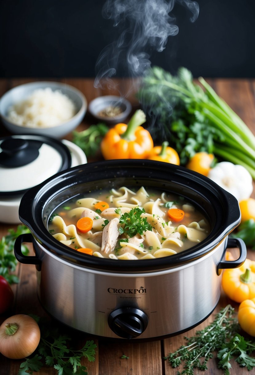 A steaming crockpot filled with hearty chicken noodle soup surrounded by fresh vegetables and herbs