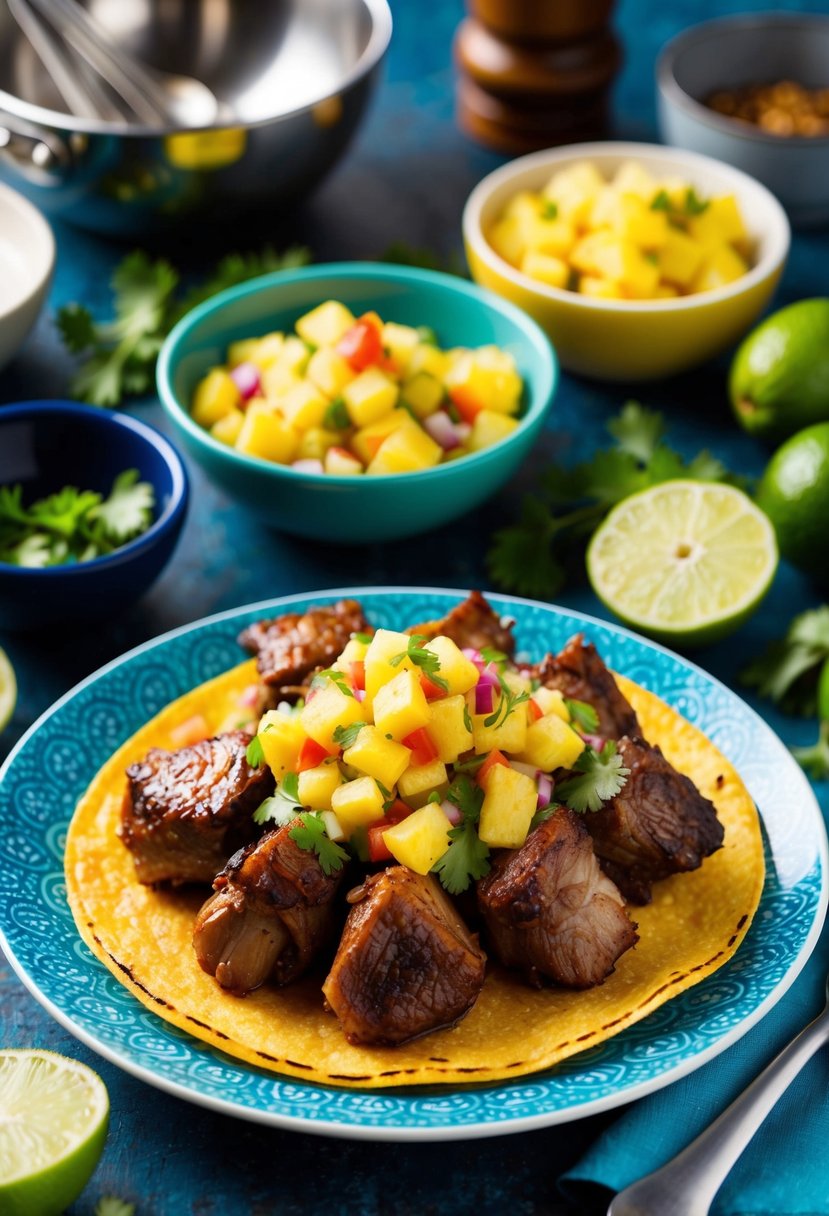 A colorful plate of oxtail tacos topped with vibrant pineapple salsa, surrounded by fresh ingredients and cooking utensils