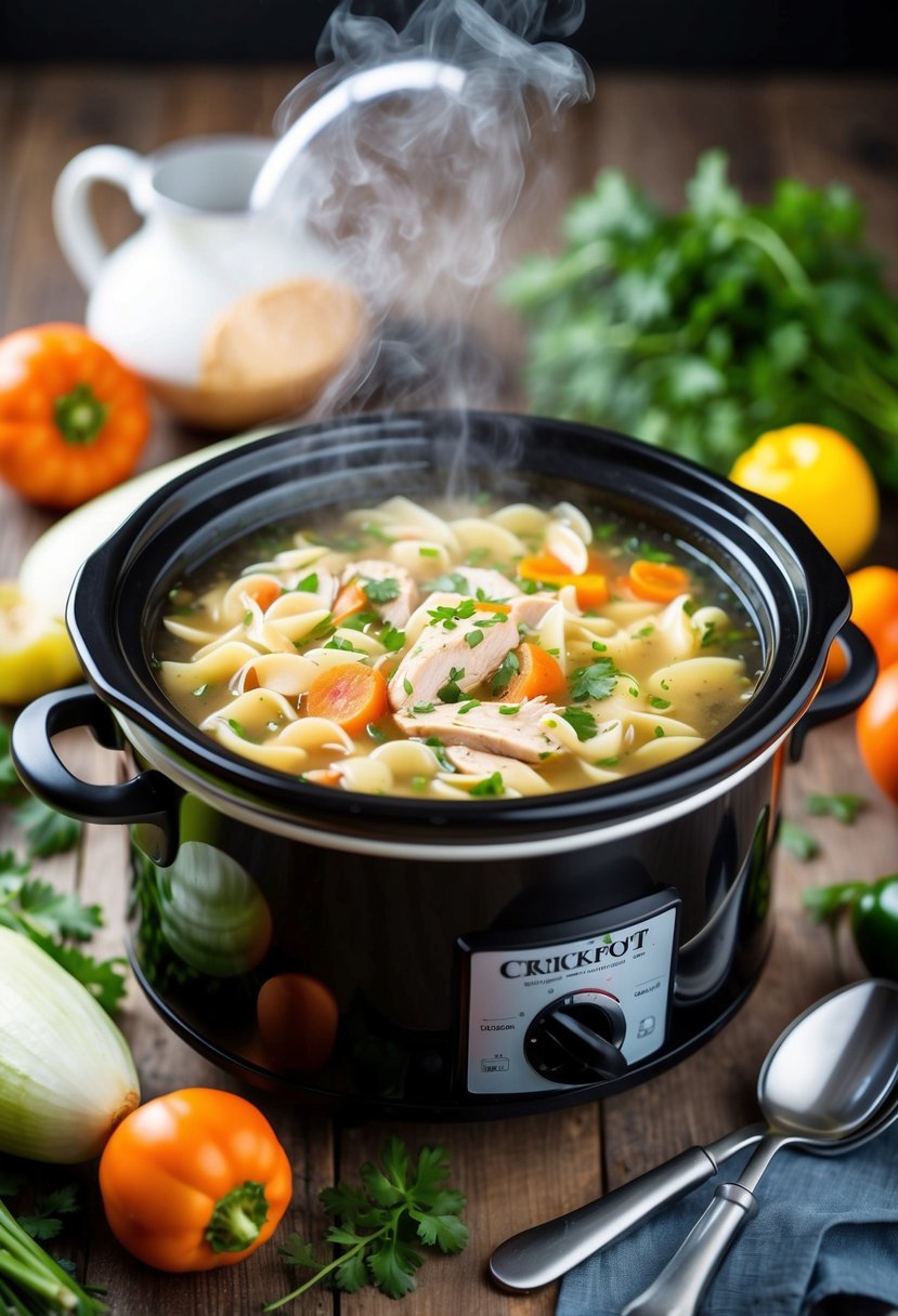 A steaming crockpot filled with hearty chicken noodle soup surrounded by fresh vegetables and herbs