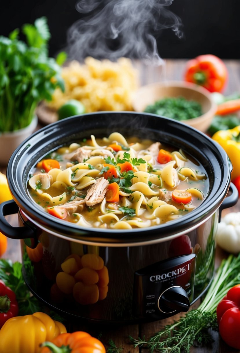 A steaming crockpot filled with rich, aromatic chicken noodle soup, surrounded by colorful vegetables and fragrant herbs