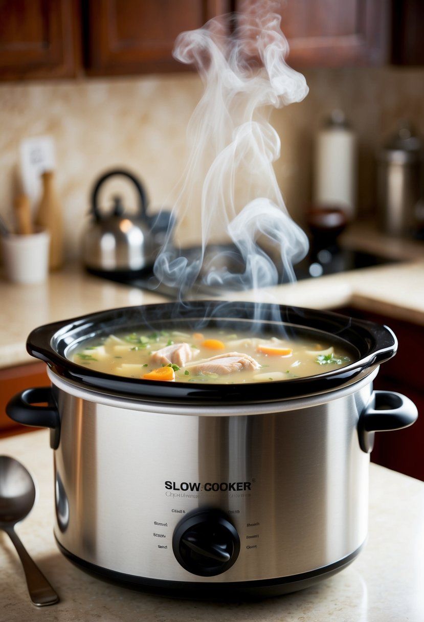 A slow cooker sits on a kitchen counter, filled with classic chicken soup. Steam rises from the pot, and a ladle rests on the side