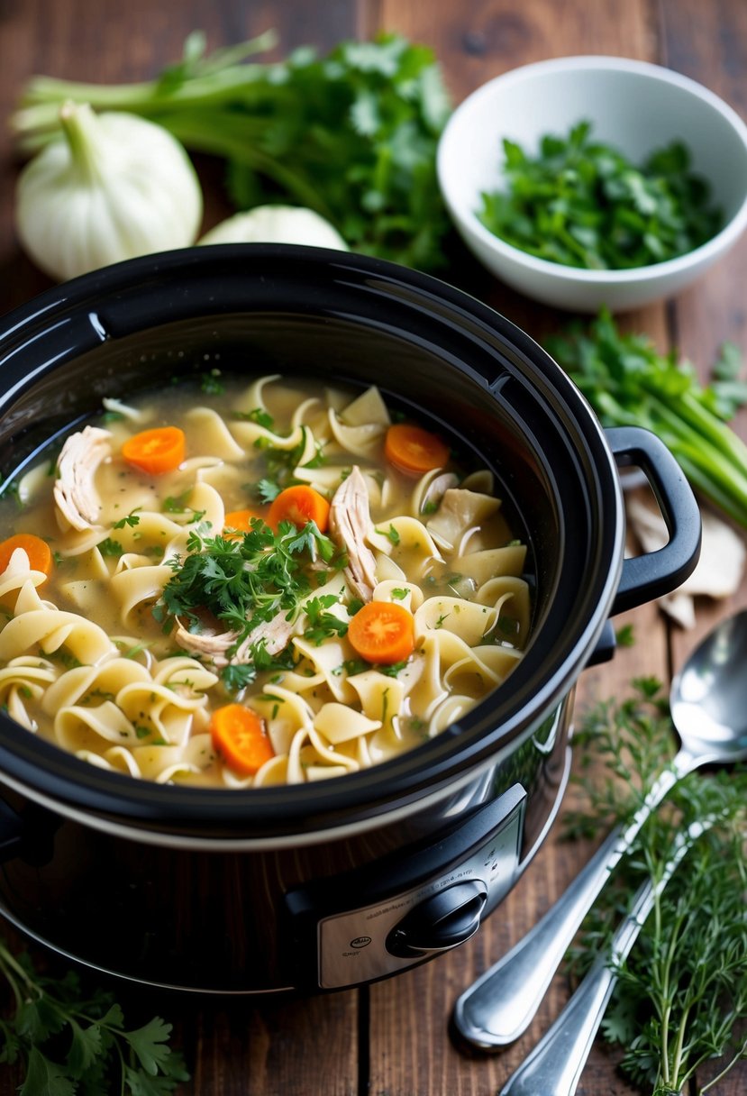 A crockpot simmering with aromatic chicken noodle soup, surrounded by fresh vegetables and herbs