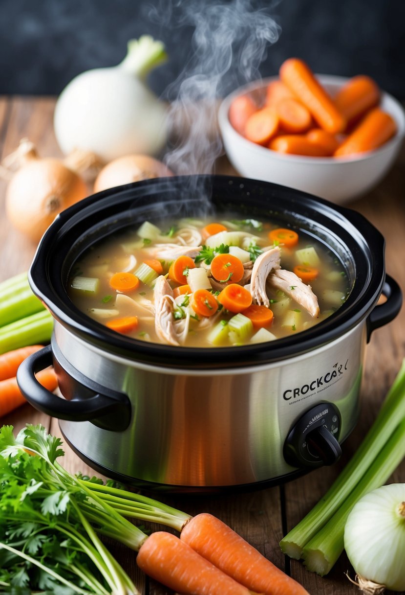 A steaming crockpot filled with hearty chicken and veggie soup, surrounded by fresh ingredients like carrots, celery, and onions