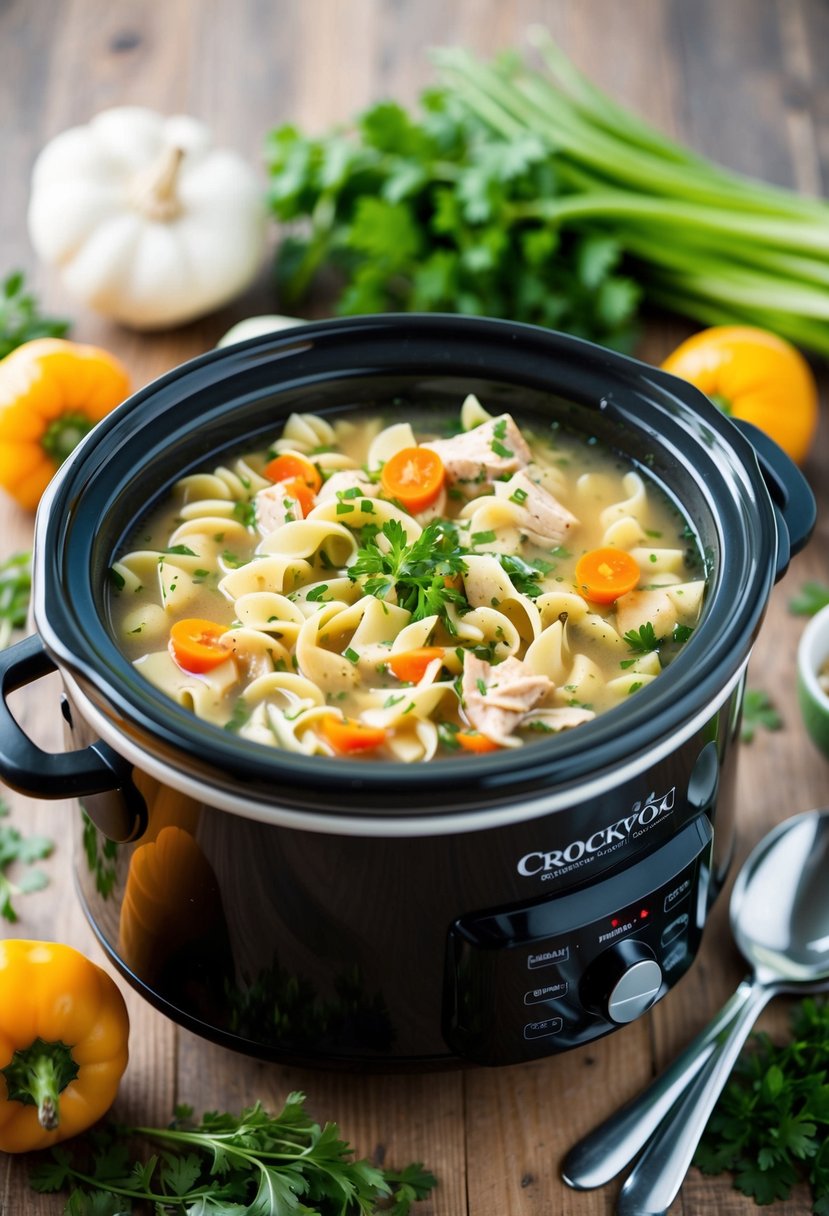 A crockpot filled with simmering chicken noodle soup surrounded by fresh vegetables and herbs