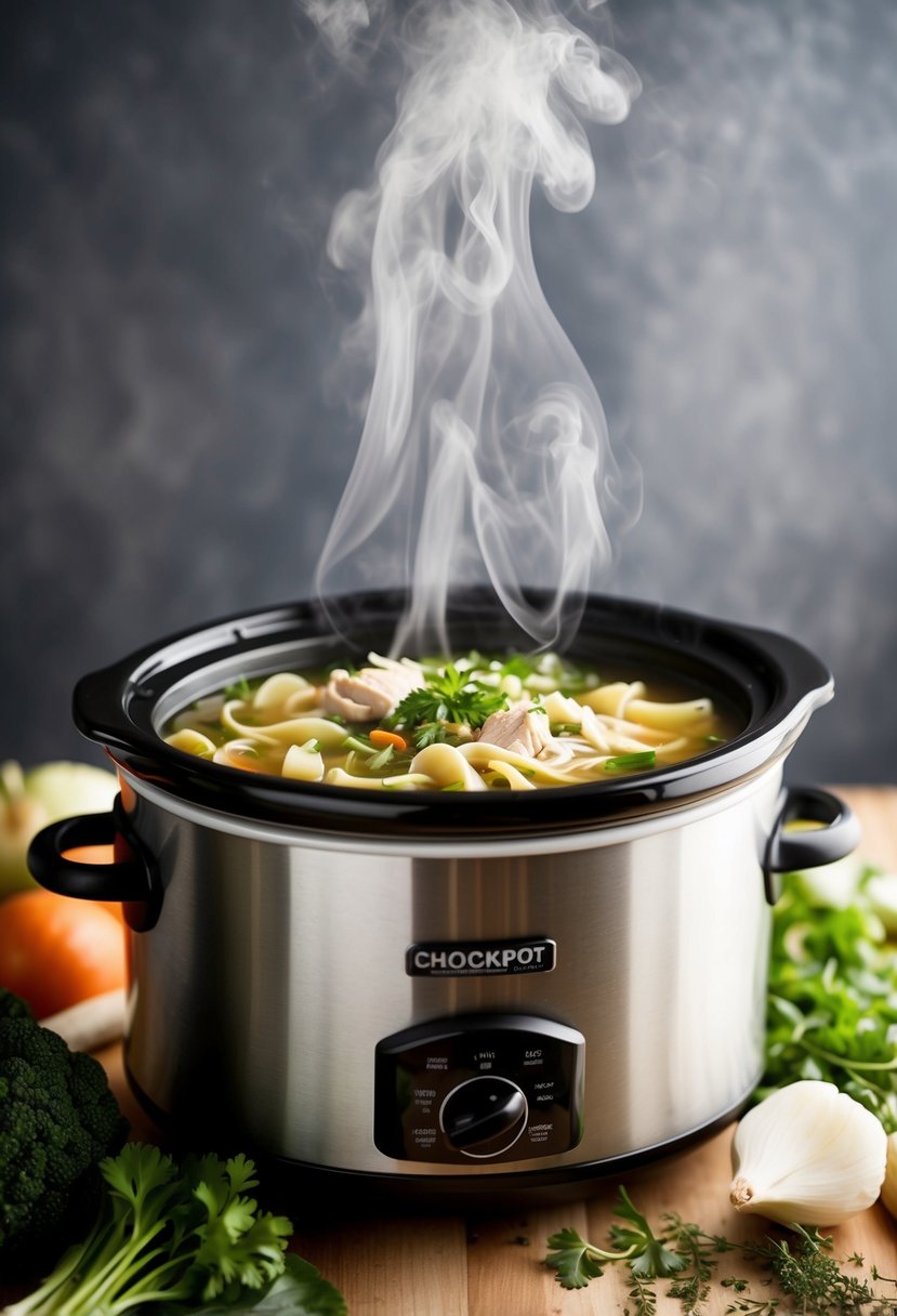 A simmering crockpot filled with herb-infused chicken noodle soup, steam rising from the pot, surrounded by fresh vegetables and herbs