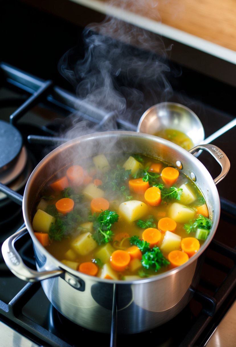 A pot simmering on a stove, filled with colorful vegetables and broth, steam rising. A ladle rests on the side, ready for serving