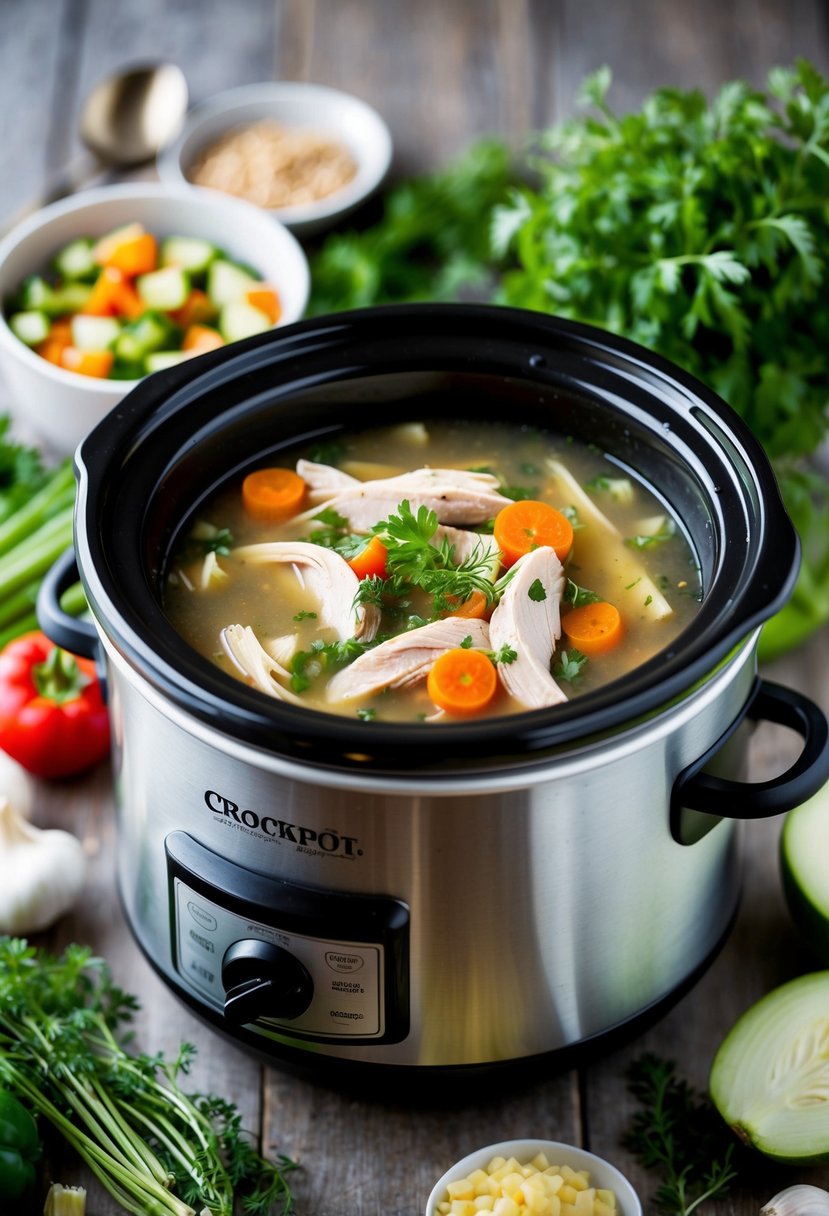 A crockpot filled with simmering chicken soup surrounded by fresh vegetables and herbs