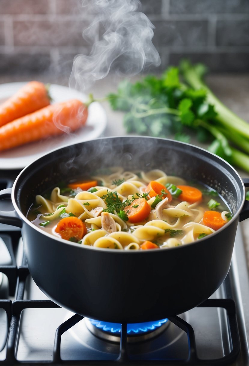 A pot of steaming chicken noodle soup with carrots, celery, and herbs simmering on a stovetop