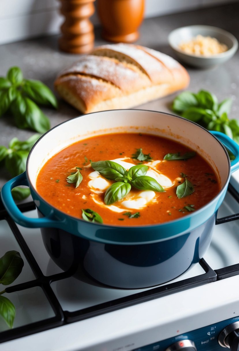 A pot of creamy tomato basil soup simmers on a stovetop, surrounded by fresh basil leaves and a loaf of crusty bread