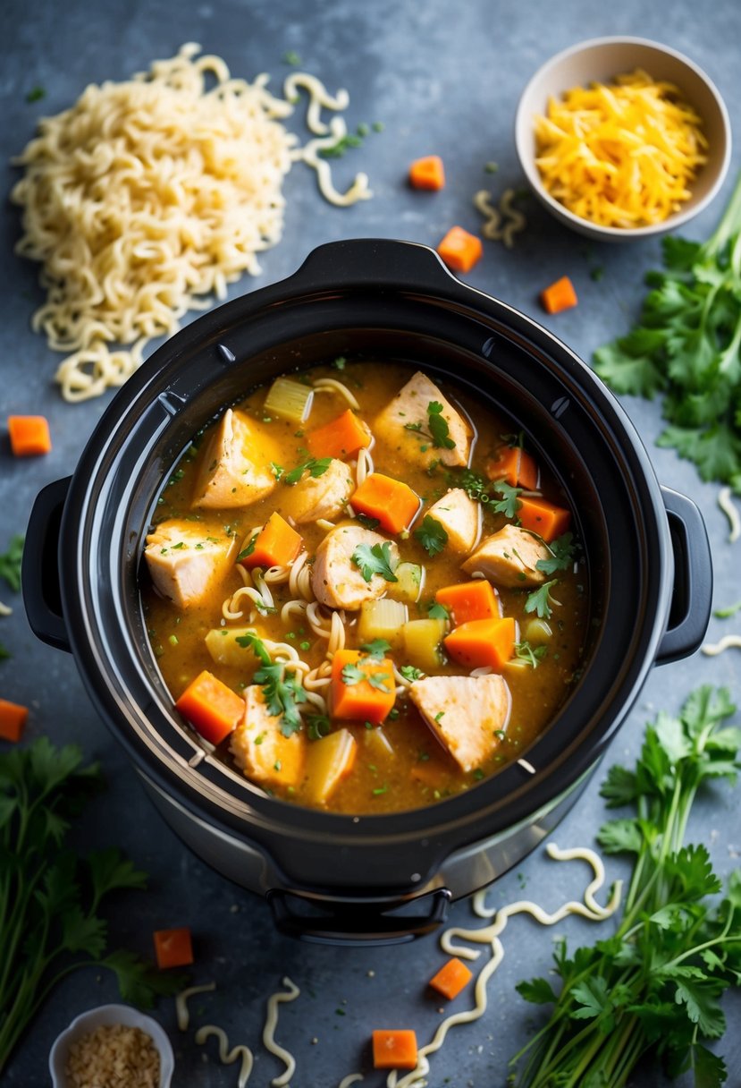 A steaming crockpot filled with rich, golden broth and hearty chunks of chicken and vegetables, surrounded by scattered noodles and fresh herbs