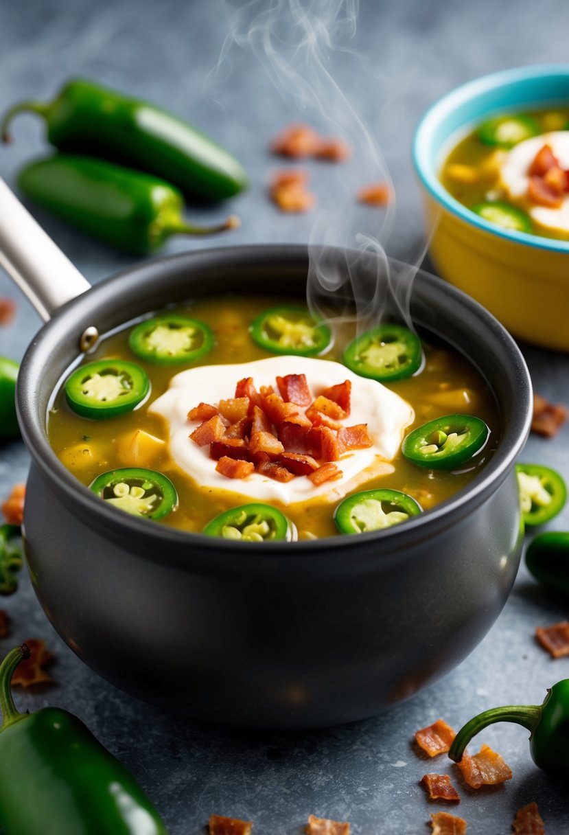 A steaming pot of jalapeño popper soup surrounded by fresh jalapeños, cream, and crispy bacon bits