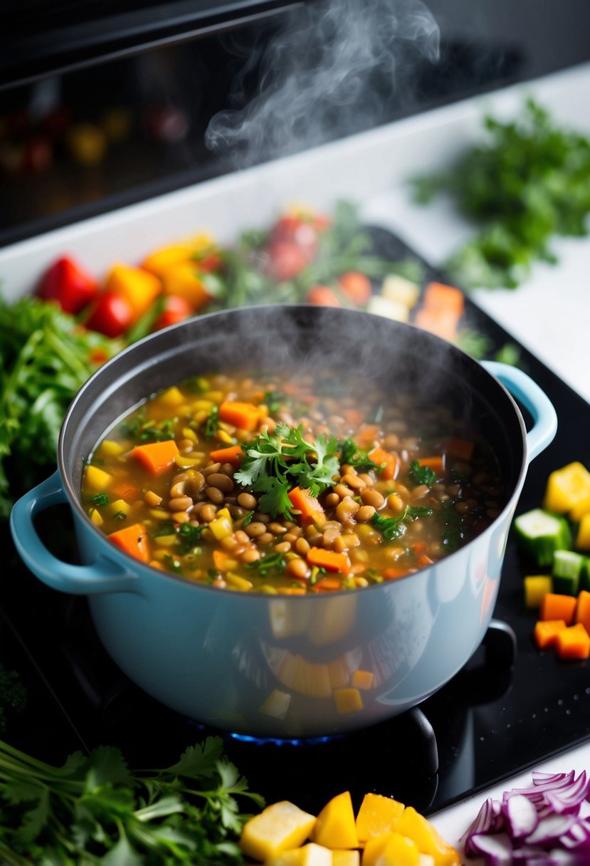 A steaming pot of hearty vegetable lentil soup simmers on a stovetop, surrounded by colorful, chopped vegetables and herbs