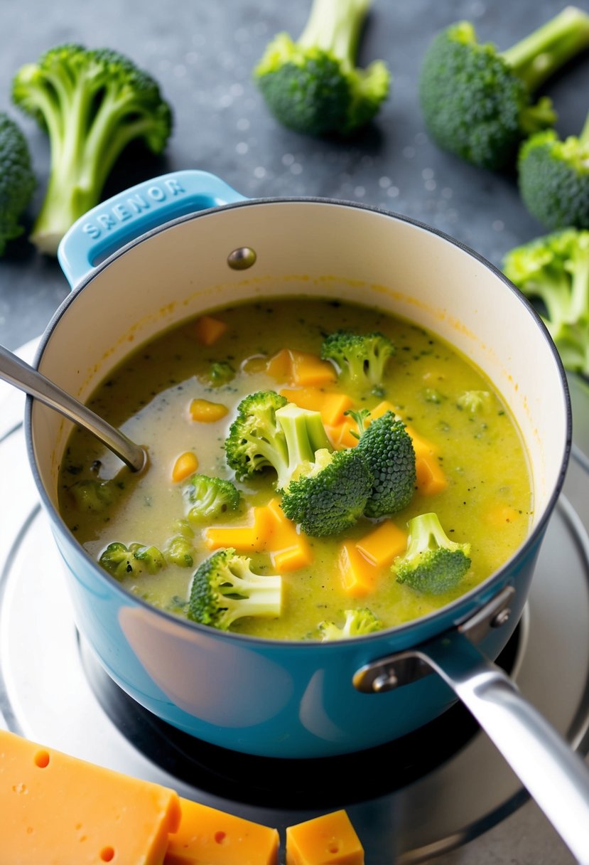 A pot of broccoli cheddar soup simmering on a stovetop, surrounded by fresh broccoli, a block of cheddar cheese, and a ladle