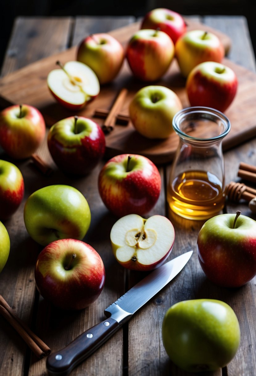 A wooden table with a variety of fresh apples, a cutting board, knife, and ingredients like cinnamon and honey