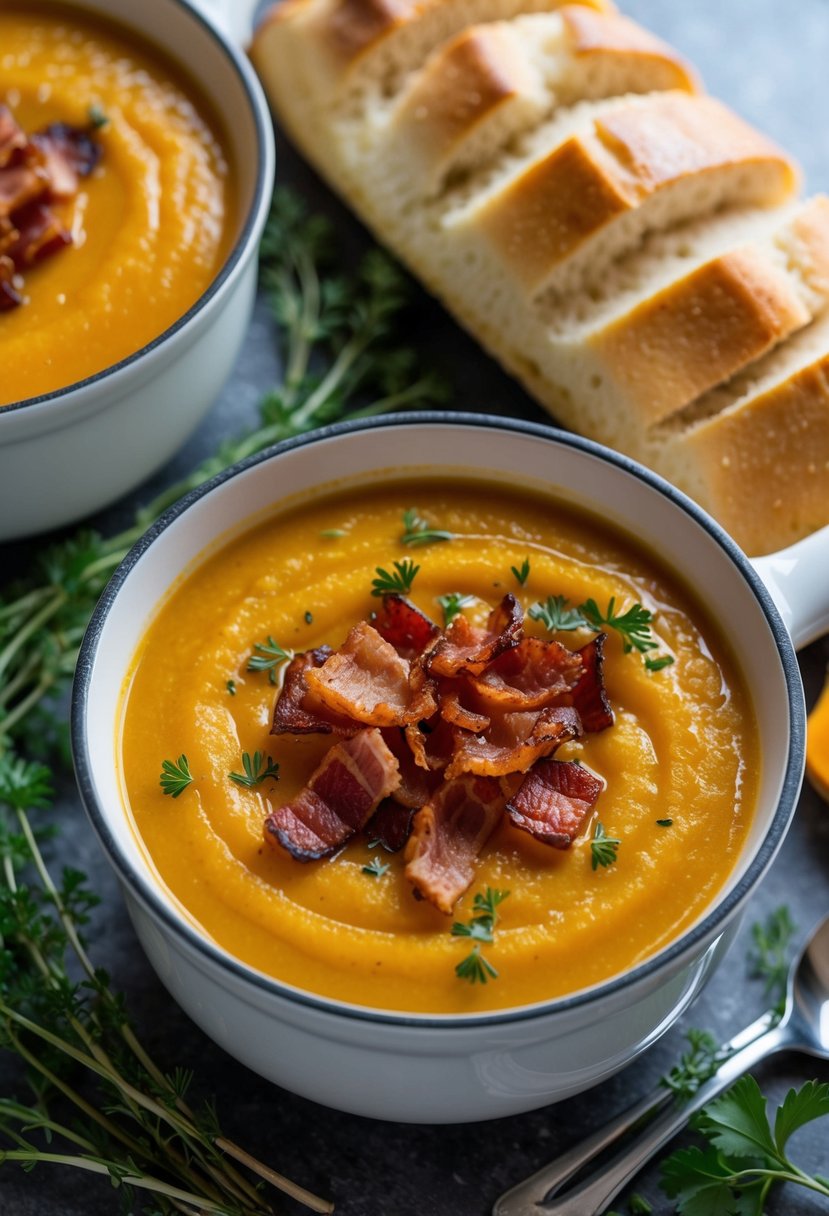 A steaming pot of butternut squash soup with crispy bacon on top, surrounded by fresh herbs and a loaf of crusty bread