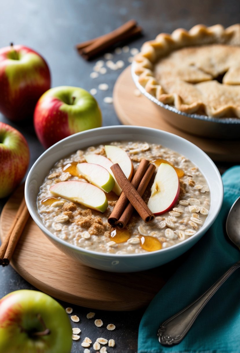 A bowl of overnight oats with apple slices, cinnamon sticks, and a drizzle of honey, surrounded by fresh apples and a pie crust