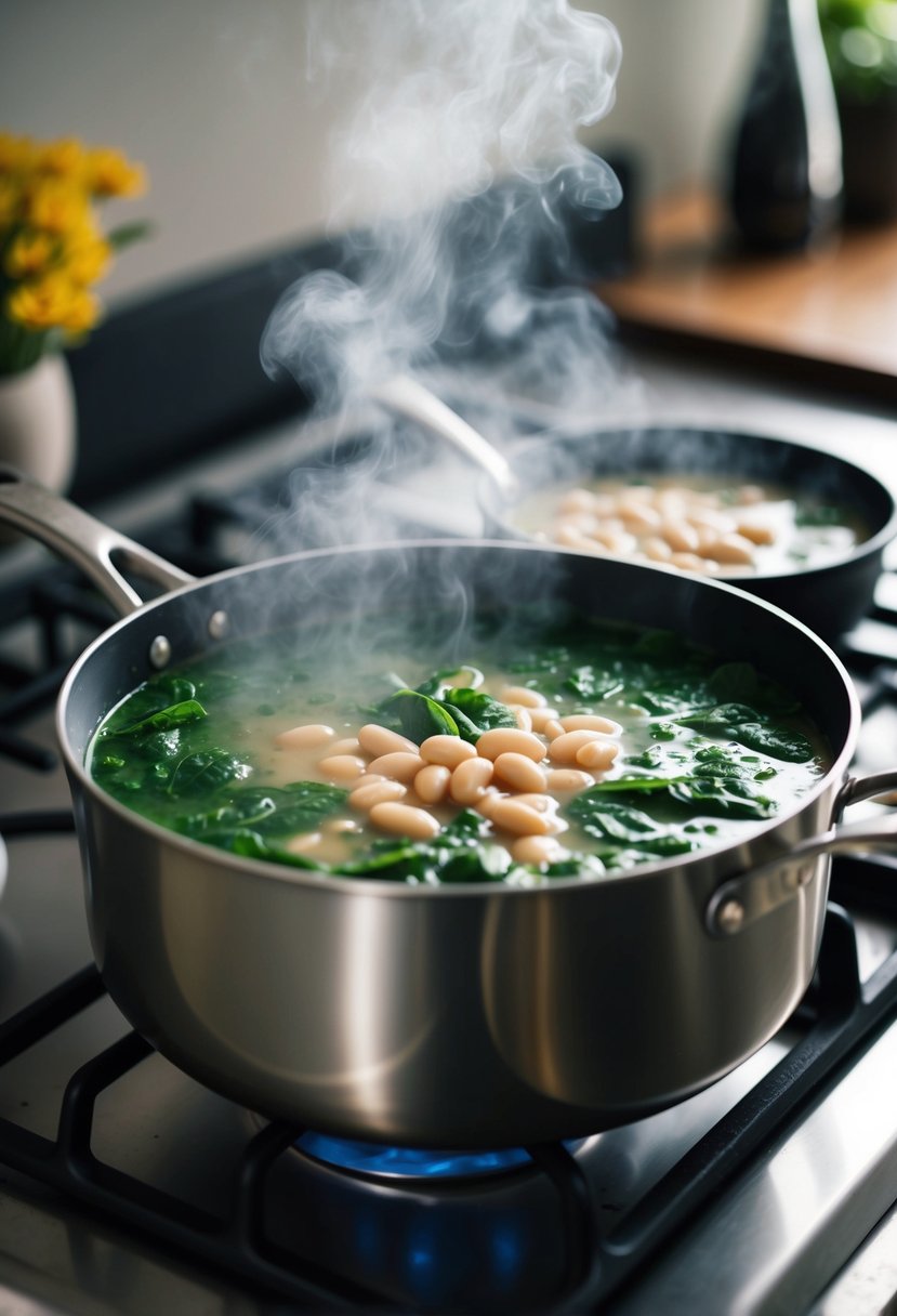 A pot of spinach and white bean soup simmers on the stove, steam rising and filling the kitchen with savory aromas