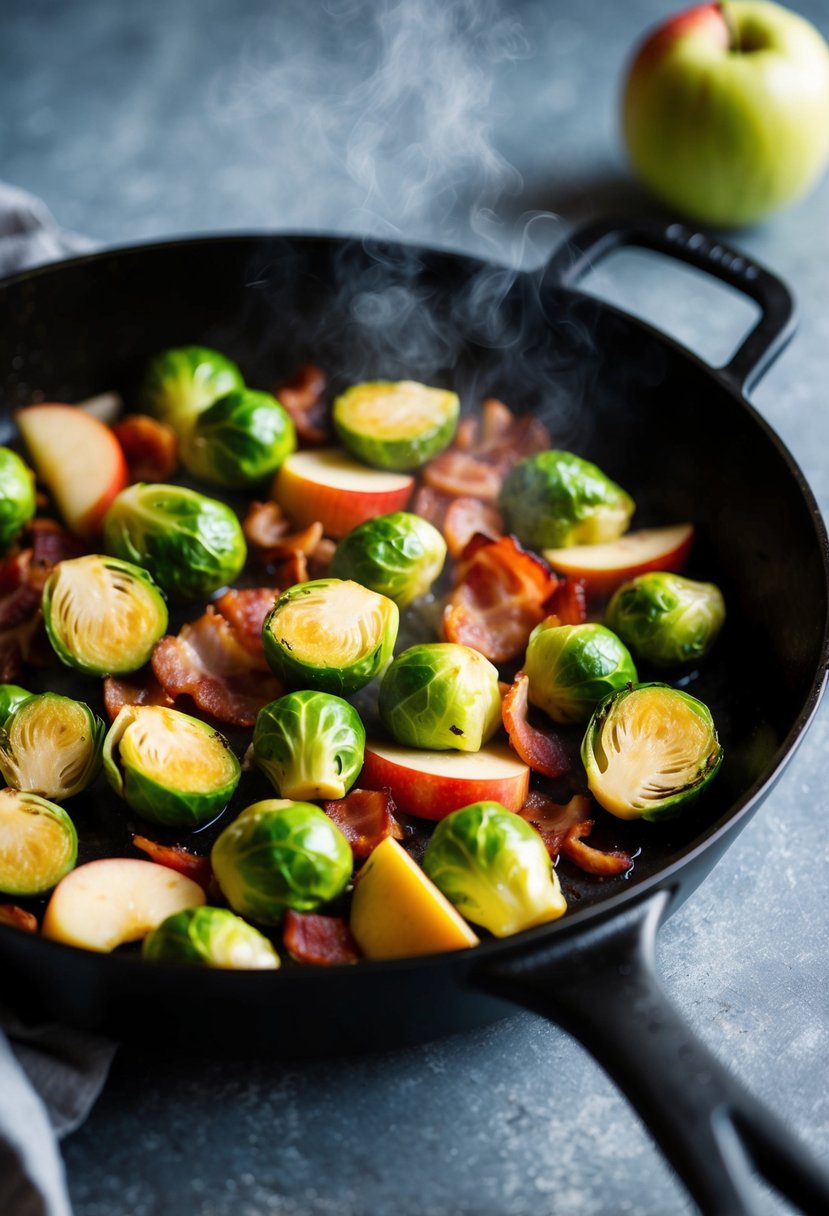 A skillet sizzling with Brussels sprouts, apples, and bacon, emitting a savory aroma