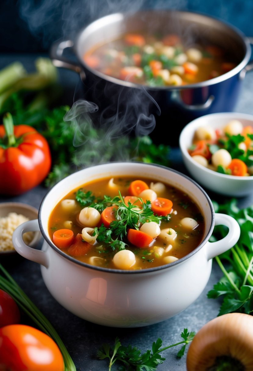 A steaming pot of minestrone soup surrounded by fresh vegetables and herbs