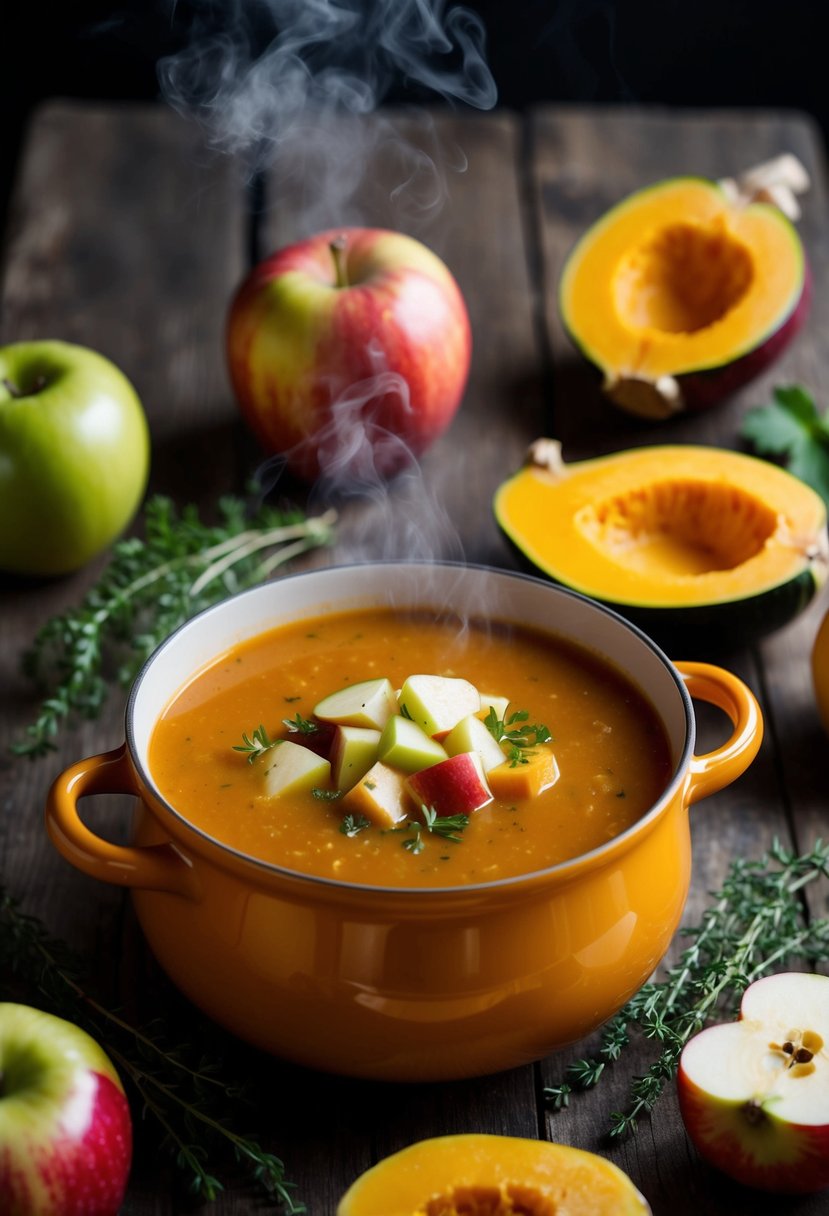 A steaming pot of butternut squash apple soup surrounded by fresh apples, squash, and herbs on a rustic wooden table