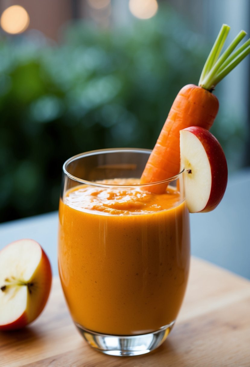 A glass filled with a vibrant orange smoothie, garnished with a slice of apple and a carrot stick