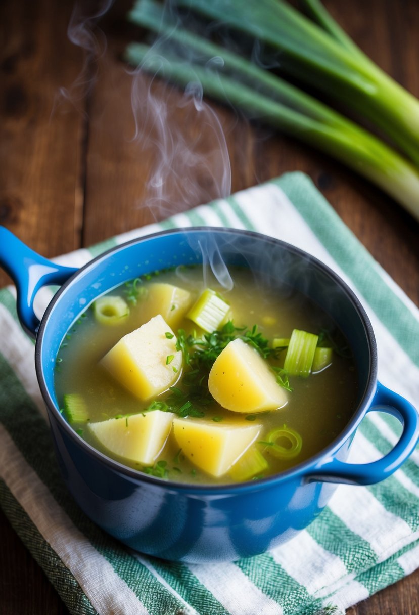 A pot of simmering potato leek soup with steam rising