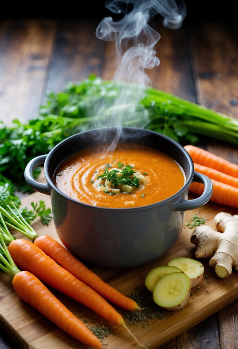 A steaming pot of ginger carrot soup surrounded by fresh carrots, ginger root, and a sprinkle of herbs on a wooden cutting board