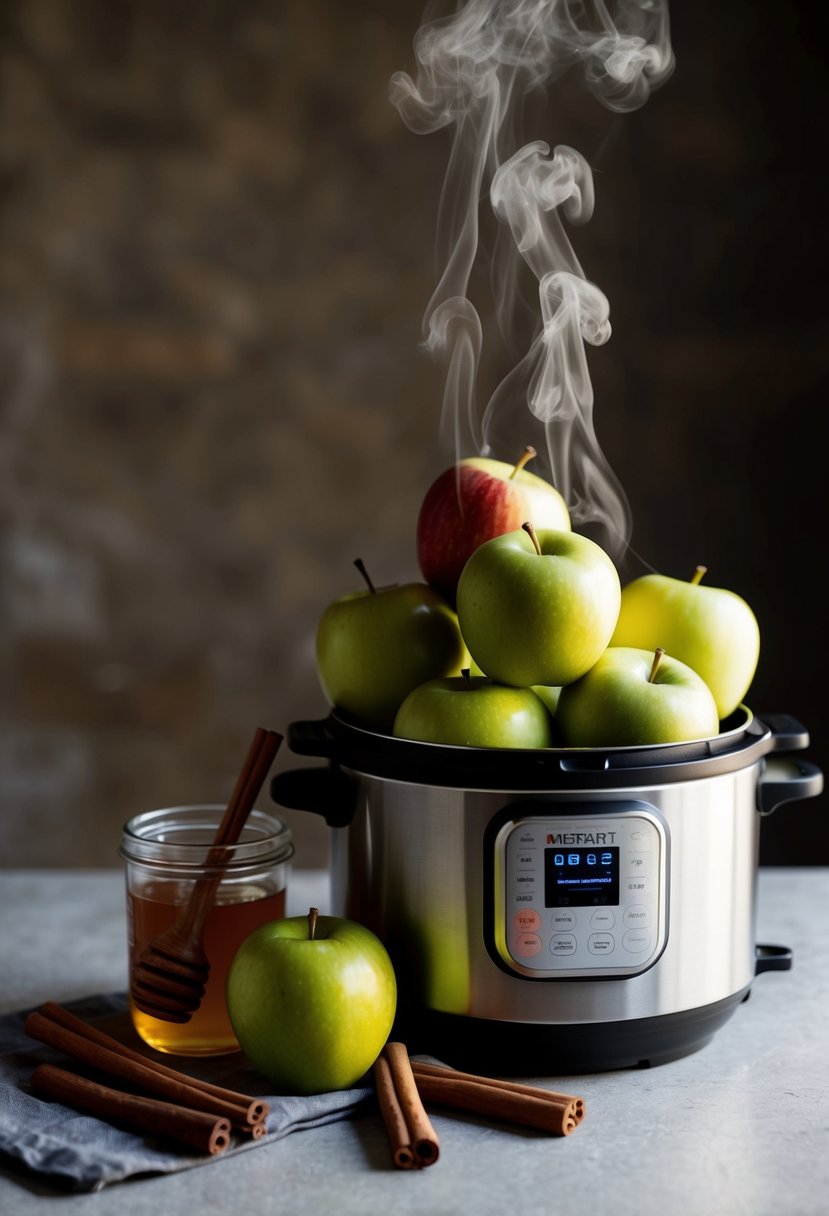 Fresh apples piled next to an Instant Pot, surrounded by cinnamon sticks and a jar of honey, with steam rising from the cooking apples