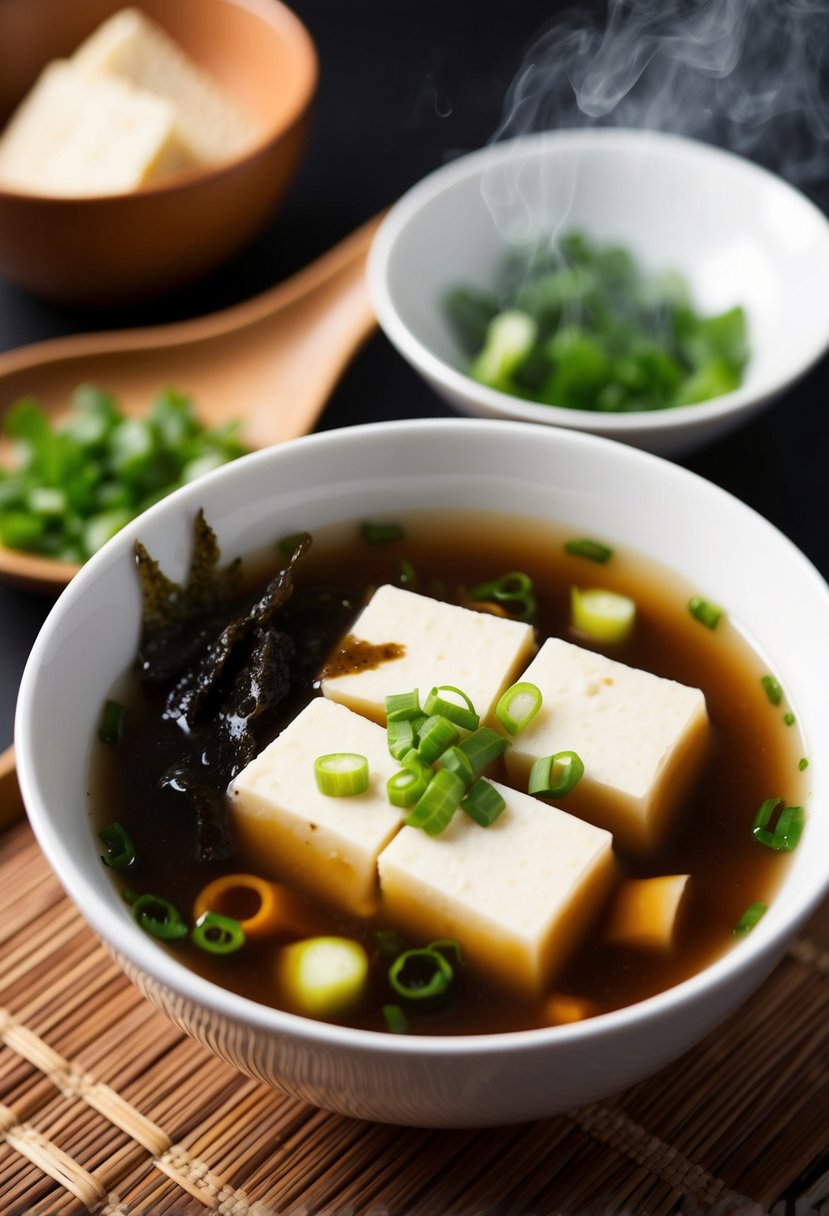 A steaming bowl of miso soup with tofu, garnished with green onions and floating seaweed