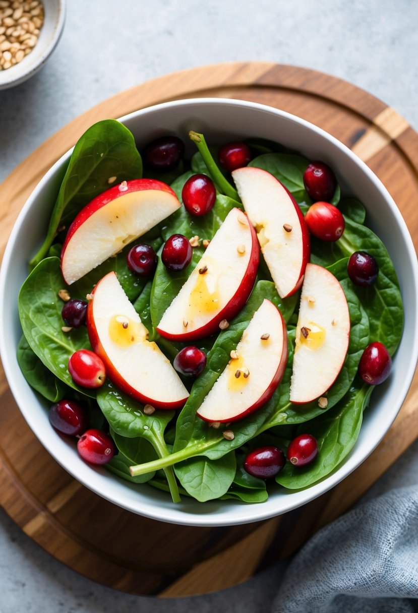 A bowl of vibrant green spinach leaves topped with slices of red apple and scattered with plump cranberries, all drizzled with a light vinaigrette