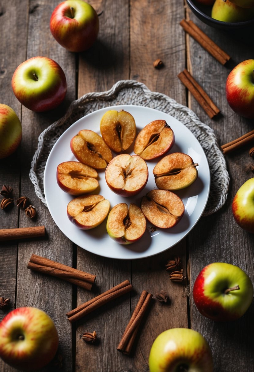 A rustic wooden table topped with a plate of golden brown baked cinnamon apple slices, surrounded by scattered whole apples and cinnamon sticks