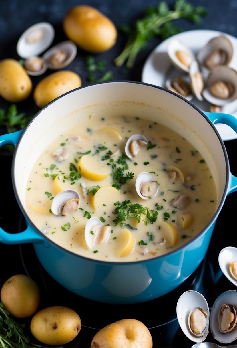 A pot of creamy clam chowder simmering on a stovetop, surrounded by fresh clams, potatoes, and herbs