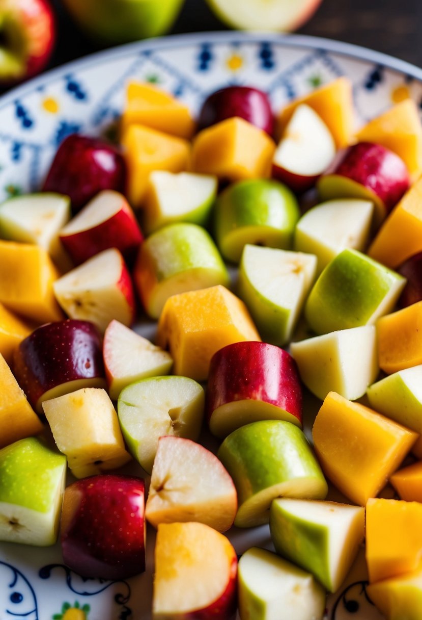 A colorful assortment of diced fruits, including apples, arranged in a decorative pattern on a plate