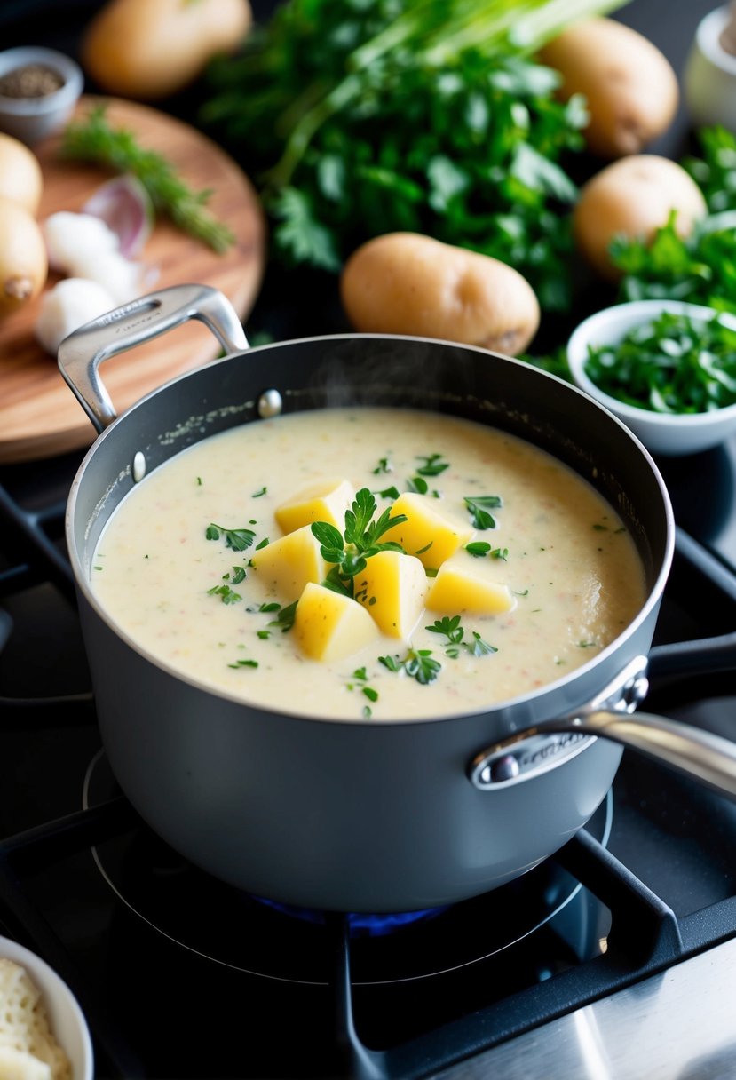 A pot of creamy potato soup simmers on a stovetop, surrounded by fresh vegetables and herbs