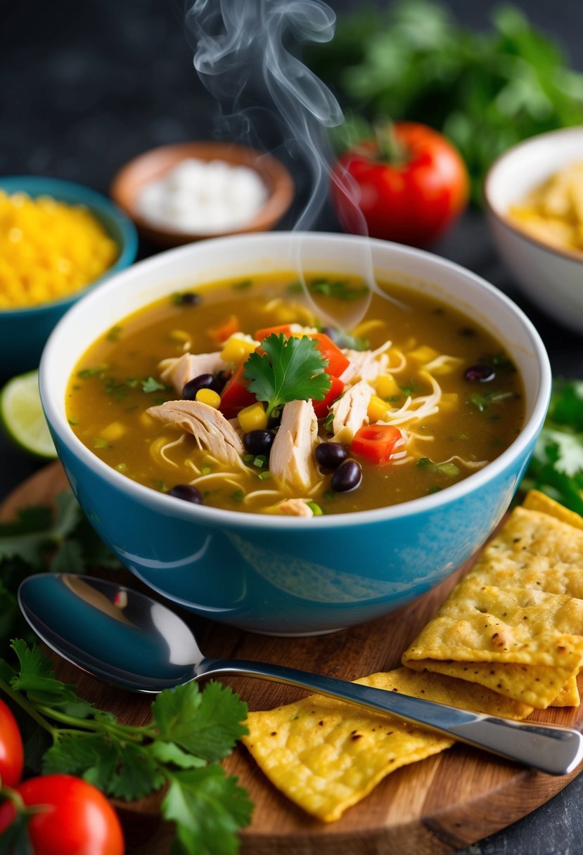 A steaming bowl of Chicken Tortilla Soup surrounded by colorful ingredients and a spoon