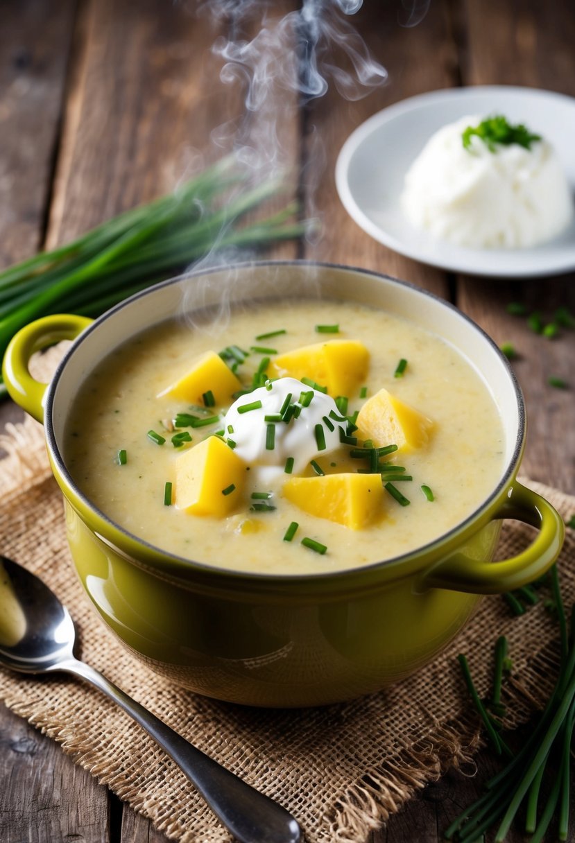 A steaming pot of creamy potato soup, garnished with chopped chives and a dollop of sour cream, sits on a rustic wooden table