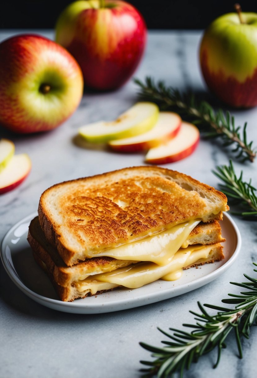 A golden grilled cheese sandwich with melted cheese and thin apple slices, surrounded by fresh apples and a sprig of rosemary