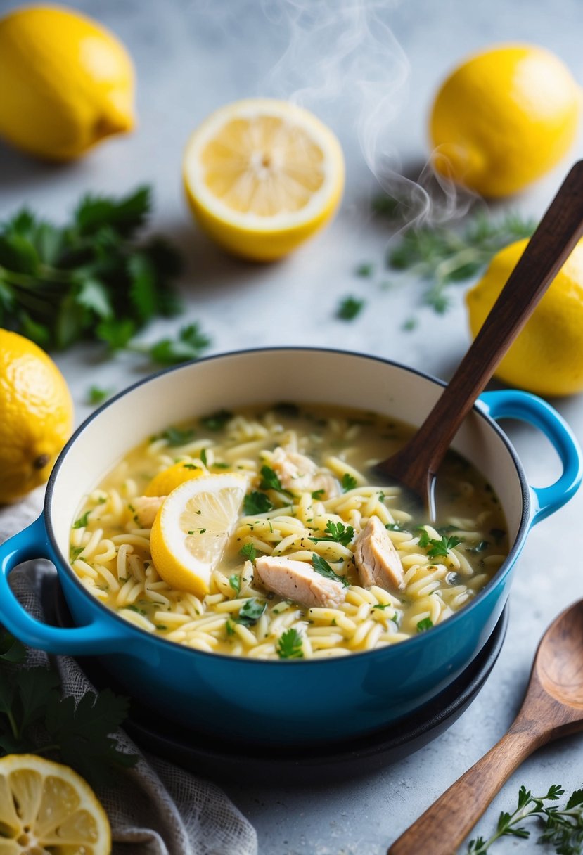 A steaming pot of lemon chicken orzo soup surrounded by fresh lemons, herbs, and a rustic wooden spoon