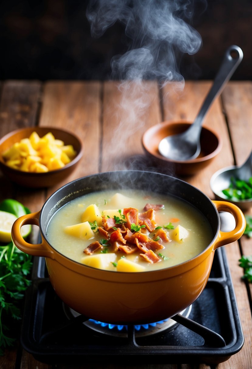 A steaming pot of hearty bacon potato soup simmers on a rustic wooden stove, surrounded by fresh ingredients and a ladle